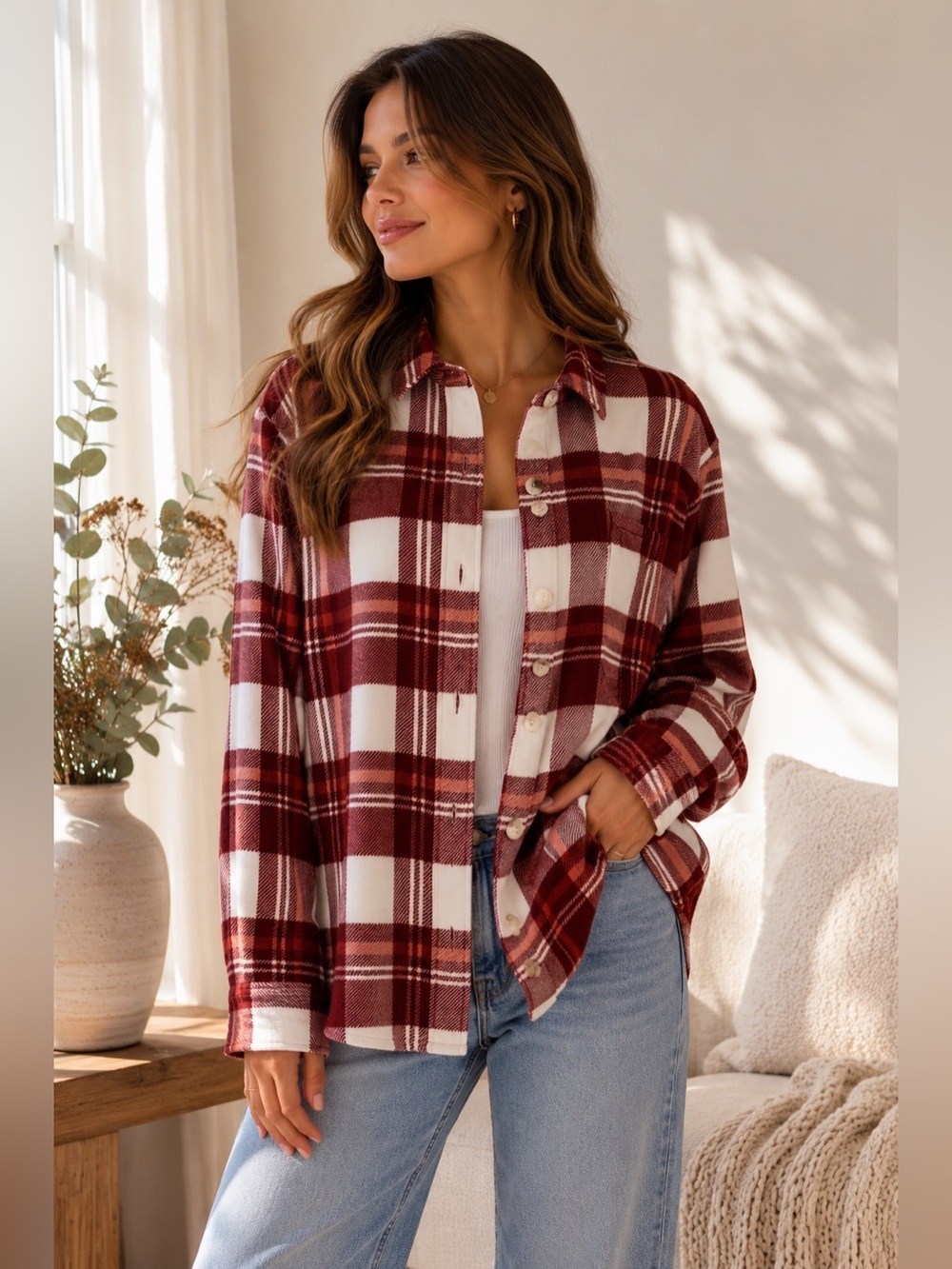 Eddie Bauer Plaid Flannel Shirt Jacket Shacket Red White Oversized Medium